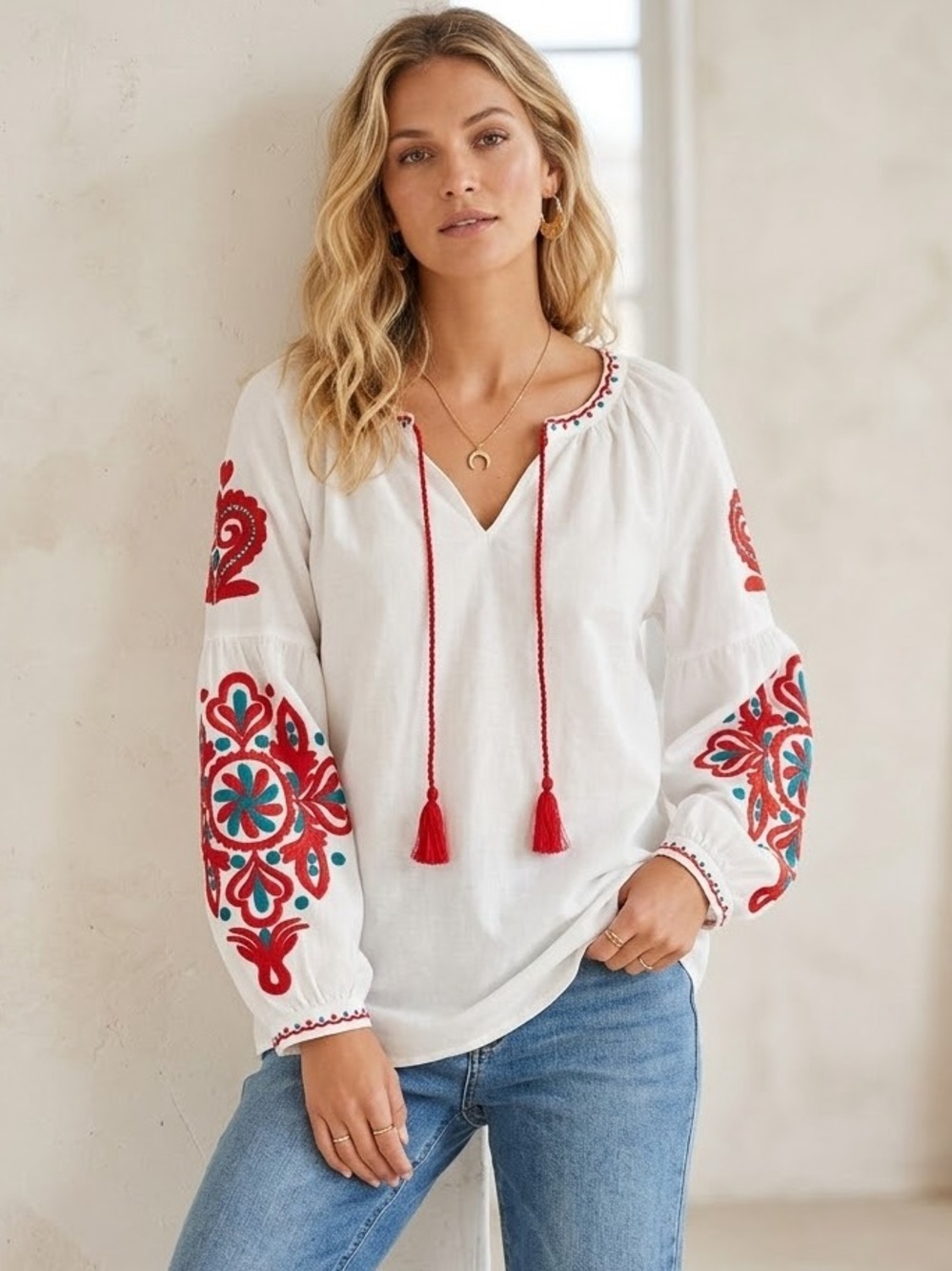Lascana White Linen Cotton Peasant Blouse with Red & Turquoise Embroidery
